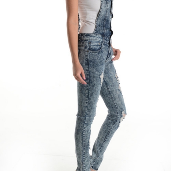 New Acid wash destroyed jean denim overall Dungree jumpsuit size Large - Picture 8 of 8